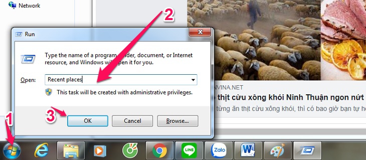 vào Start, gõ Run trong tìm kiếm, nhập Recent places 