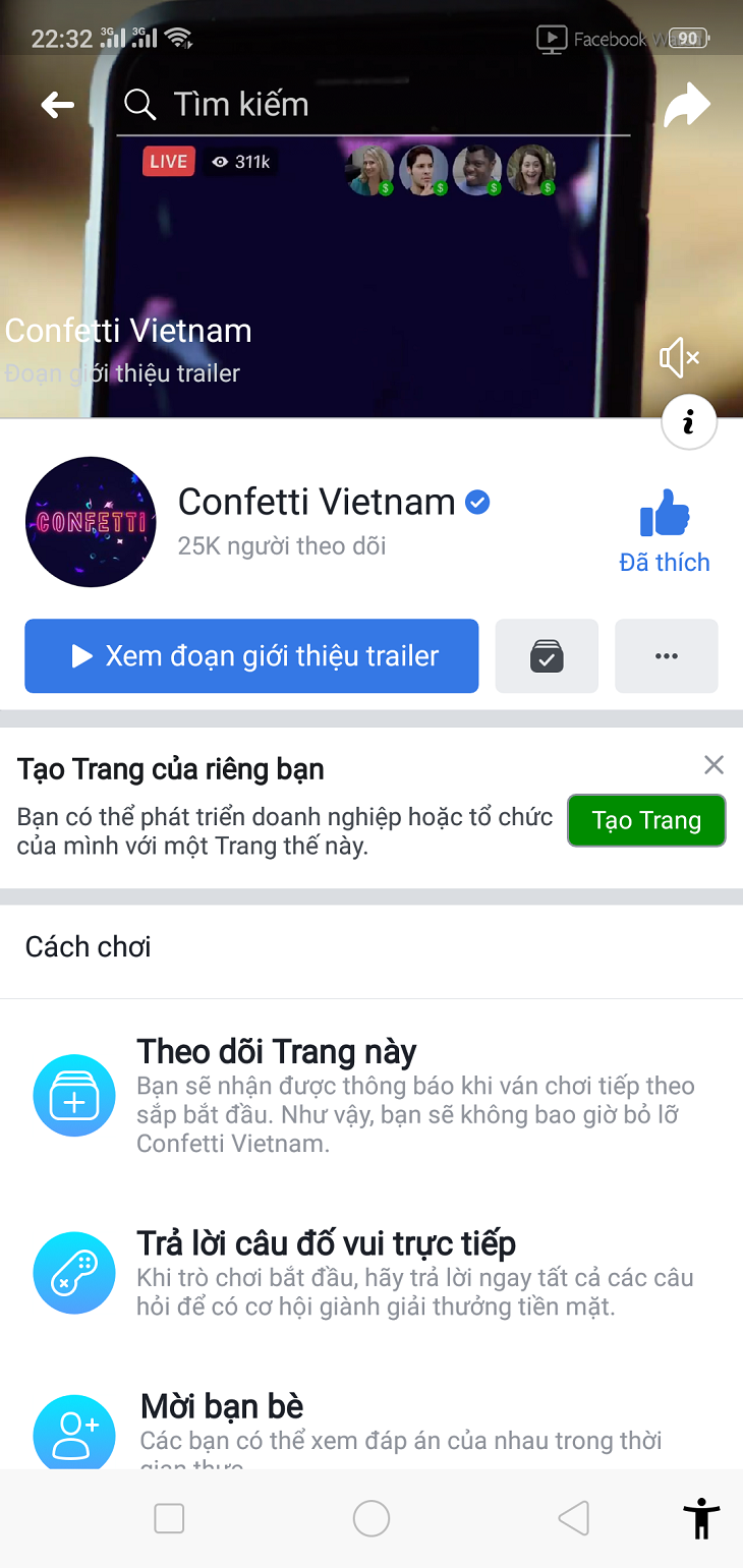 Đi tới Trang của chương trình Confetti và sau đó bạn nhấn vào Theo dõi.