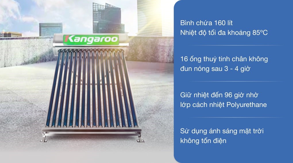 Máy nước nóng năng lượng mặt trời là gì? Có nên mua không? > Máy nước nóng năng lượng mặt trời Kangaroo 160 lít GD1616 