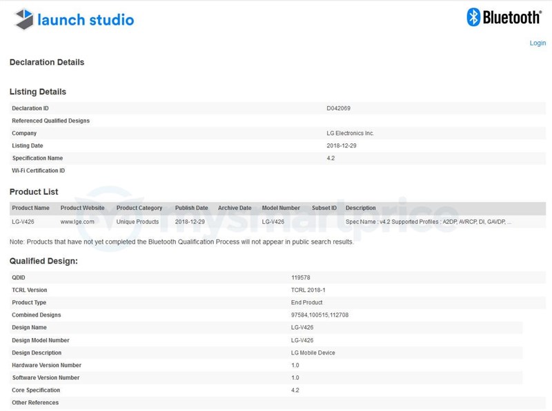 LG-V426 được cơ quan Bluetooth SIG chứng nhận LG-V426 được cơ quan Bluetooth SIG chứng nhận