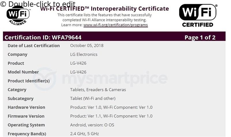 LG-V426 được cơ quan Wi-Fi Alliance chứng nhận LG-V426 được cơ quan Wi-Fi Alliance chứng nhận