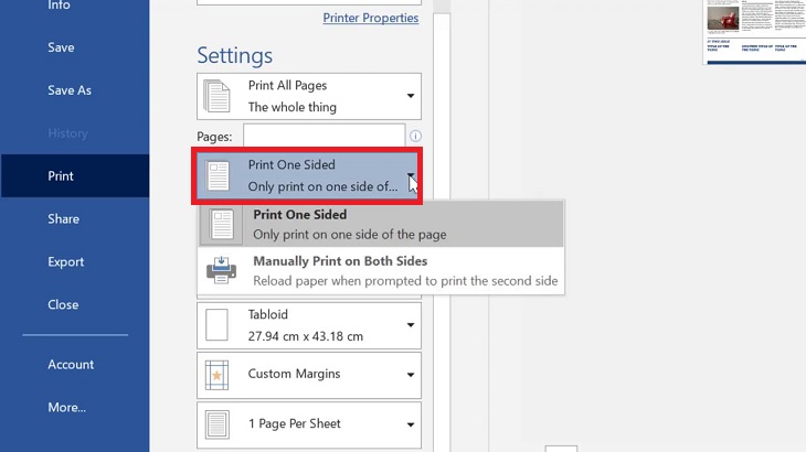 Print One Sided chính là lệnh để người dùng lựa chọn in 1 mặt hoặc in 2 mặt