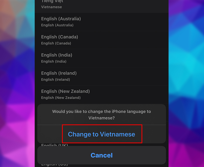 Cuối cùng, bạn chọn Chuyển sang tiếng Việt (Change to Vietnamese) để hoàn thành thao thác.