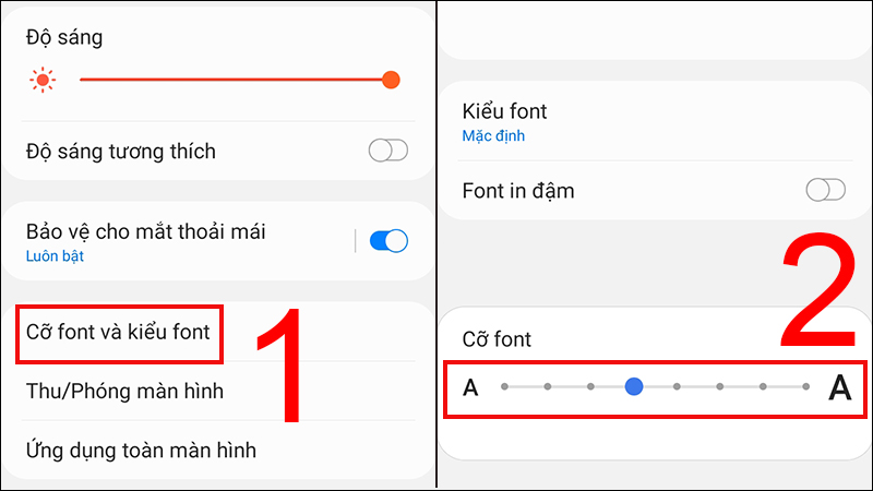 Chọn Cỡ font, kiểu font > Trong mục Cỡ Font, bạn điều chỉnh thanh công cụ từ phía cỡ chữ rất nhỏ sang rất lớn như mong muốn.