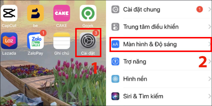  Vào Cài đặt > Chọn Màn hình và độ sáng