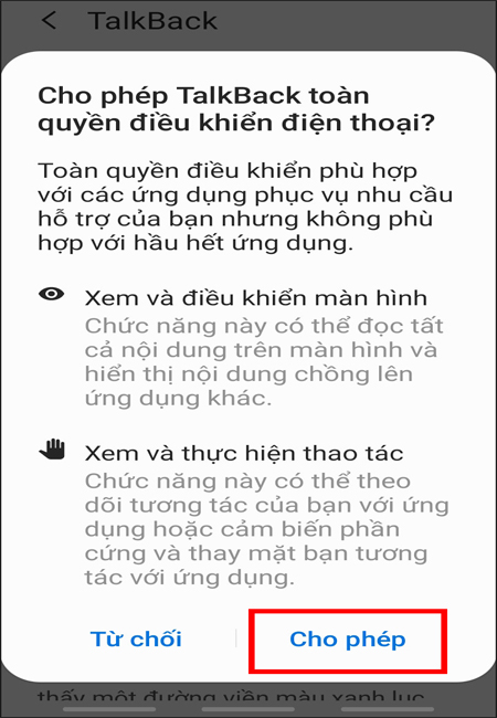 Nhấn Cho phép để tính năng phóng to màn hình được thiết lập