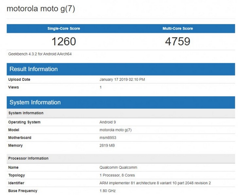 Moto G7 Play chip Snapdragon 625 lộ điểm hiệu năng trên Geekbench