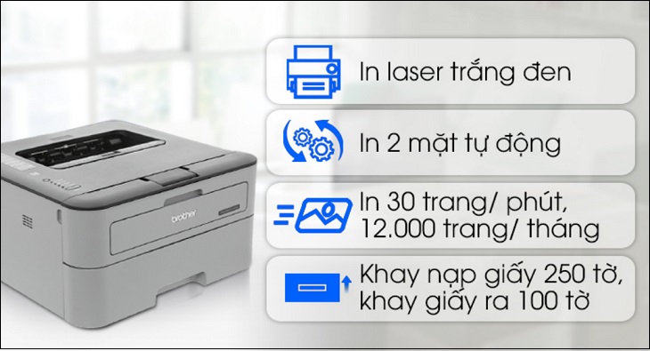 Máy In laser Trắng Đen Brother HL L2321D có khả năng in 2 mặt tự động, có thể đạt đến 12.000 trang/tháng