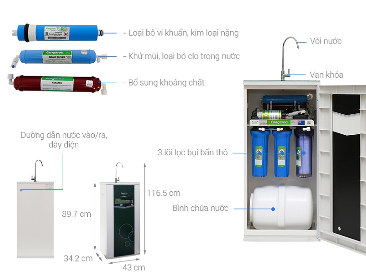 Kích thước từng loại máy lọc nước bạn nên tham khảo trước khi mua > Máy lọc nước RO Kangaroo VTU KG08 6 lõi