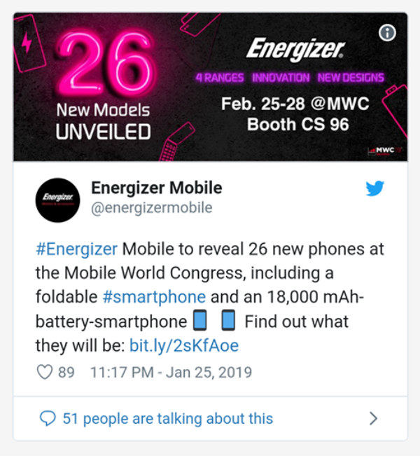 Dòng tweet mới nhất của Energizer đăng tải thì năm nay, họ sẽ mang đến một thiết bị có viên pin lên đến 18.000 mAh Dòng tweet mới nhất của Energizer đăng tải thì năm nay, họ sẽ mang đến một thiết bị có viên pin lên đến 18.000 mAh