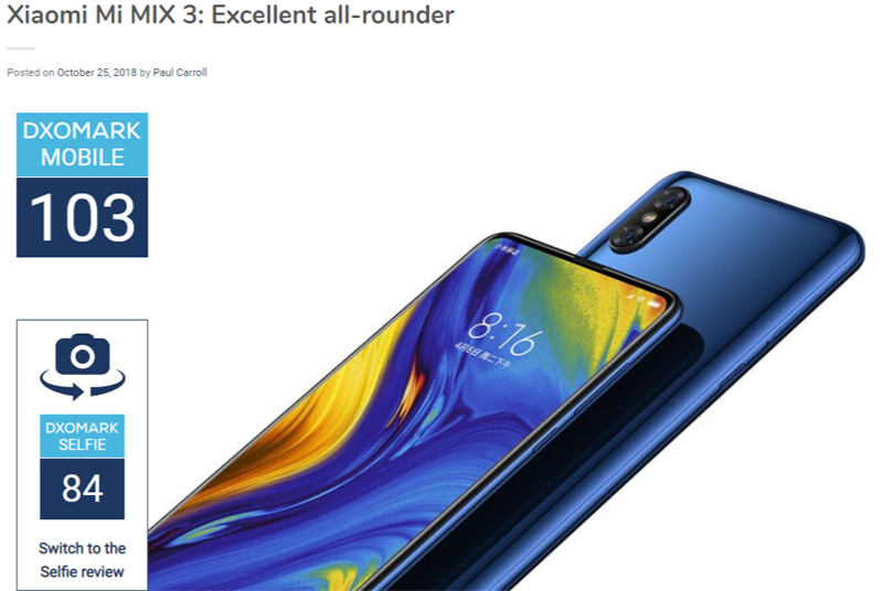 DXOMark: Camera của Mi MIX 3 ghi được 103 điểm, ngang với Note 9