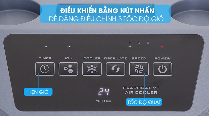 Quạt điều hòa Boss được thiết kế bảng điều khiển nút nhấn hiện đại, dễ dàng điều chỉnh 3 tốc độ gió