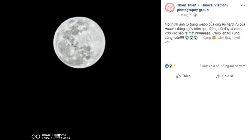 CEO Huawei chia sẻ ảnh chụp “tới tận cung trăng” của P30 Pro