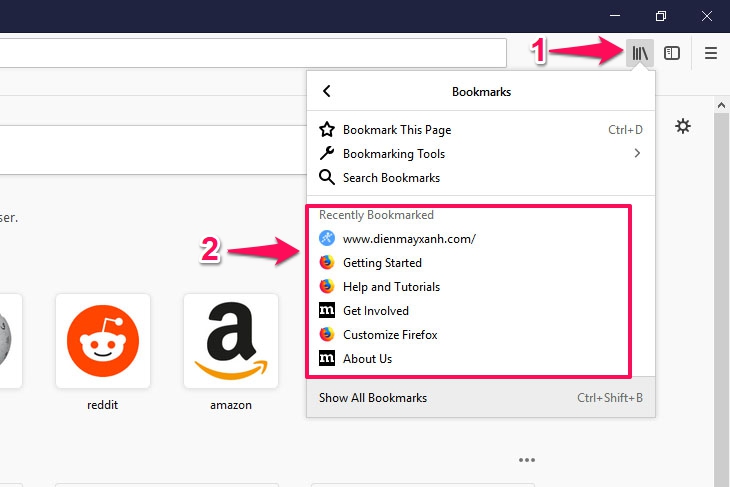 Chọn biểu tượng 4 gạch dọc để mở Bookmark trên Firefox