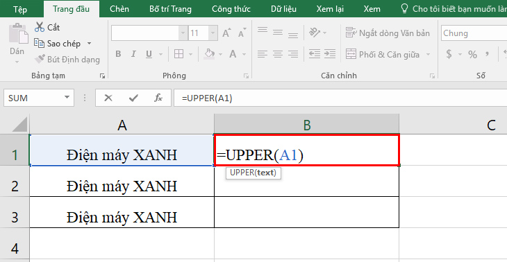 Cách chuyển chữ thường thành chữ hoa, chữ hoa thành chữ thường trong Excel + Bước 1