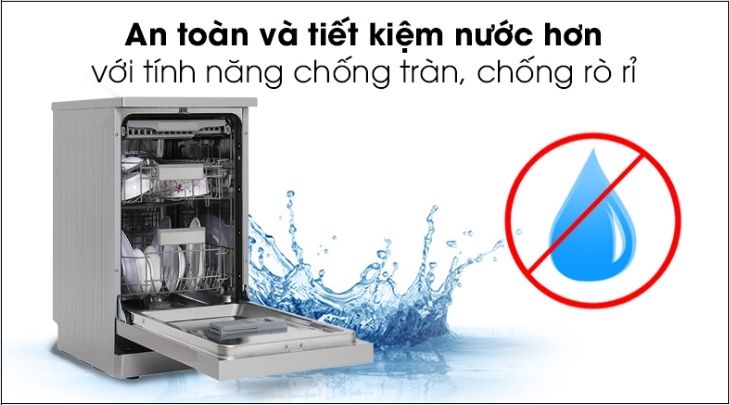 Máy rửa chén độc lập có sấy Galanz W45A3A401M-0E1 có tính năng chống tràn và rò rỉ giúp tiết kiệm nước cho người dùng