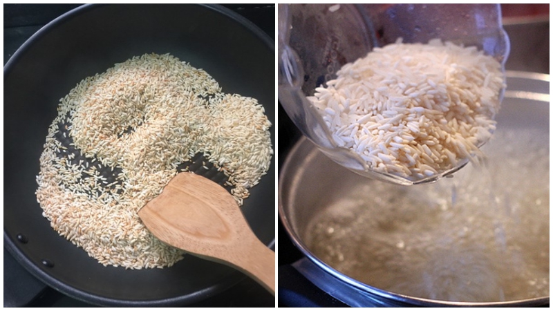 Gạo rang sơ trên chảo trước khi nấu để cho thơm hơn. Cho gạo vào nồi nấu như cách nấu cháo thông thường, tùy vào sở thích ăn cháo đặc hay loãng mà bạn cho nhiều hay ít nước nhé.