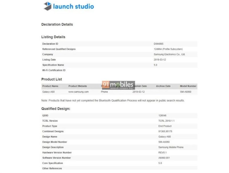 Samsung Galaxy A60 đạt chứng nhận Bluetooth Samsung Galaxy A60 đạt chứng nhận Bluetooth