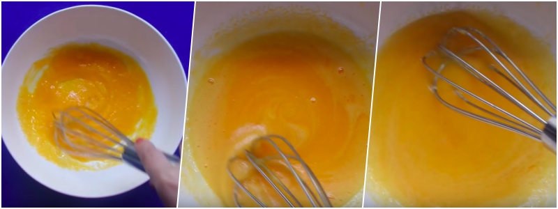 Bạn tách 4 cái lòng đỏ trứng gà vào tô lớn rồi dùng cây đánh trứng khuấy nhẹ, vừa khuấy vừa cho vào tô 40g đường rồi đánh cho đến khi đường tan hết. Sau khi đường đã tan, bạn cho 40ml sữa tươi không đường và 35ml dầu ăn vào và tiếp tục khuấy đều lên.