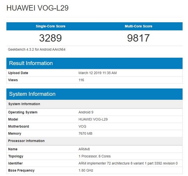 Huawei P30 Pro lộ cấu hình trên Geekbench với chip Kirin 980, RAM 8GB
