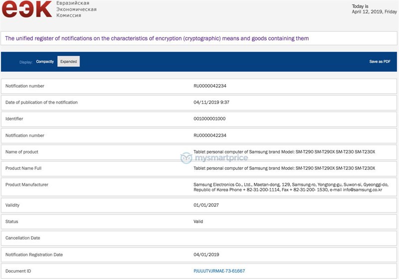 SM-T290X được EEC chứng nhận