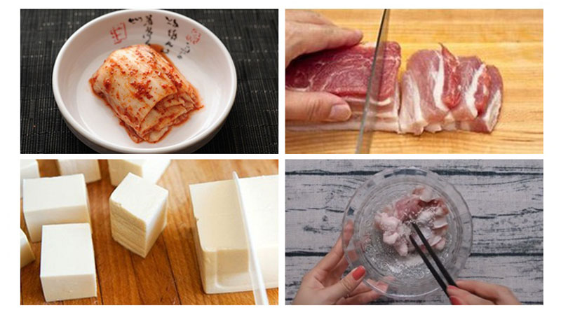 Kim chi bóp cho ra bớt nước, sau đó cắt thành từng khúc khoảng 5cm, phần nước kim chi bạn hãy giữ lại trong chén nhỏ. Kim chi bóp cho ra bớt nước, sau đó cắt thành từng khúc khoảng 5cm, phần nước kim chi bạn hãy giữ lại trong chén nhỏ.