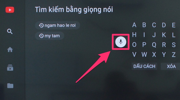 Phần tìm kiếm của ứng dụng Youtube trên tivi