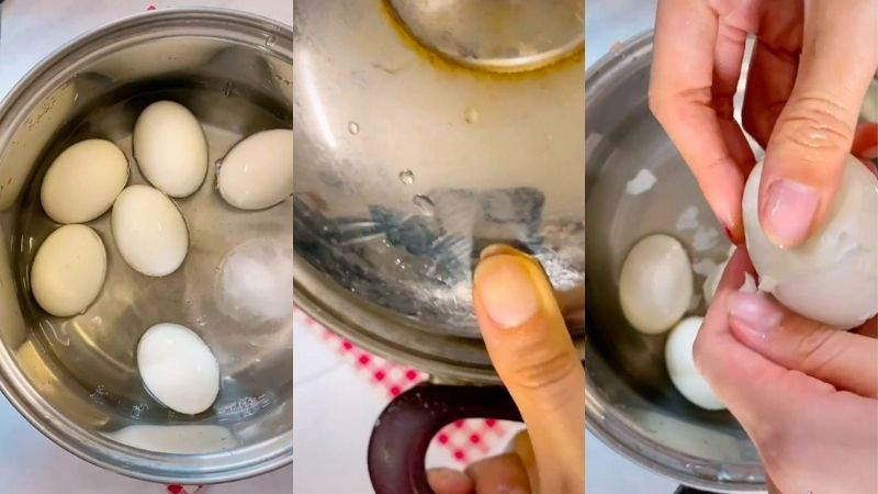 Cho trứng vào nước đá, lắc nồi và bóc vỏ