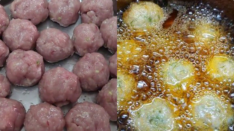 Sau đó vo chả cá thành từng viên nhỏ, chiên với lửa nhỏ cho vàng mặt chả. Sau đó vo chả cá thành từng viên nhỏ, chiên với lửa nhỏ cho vàng mặt chả.