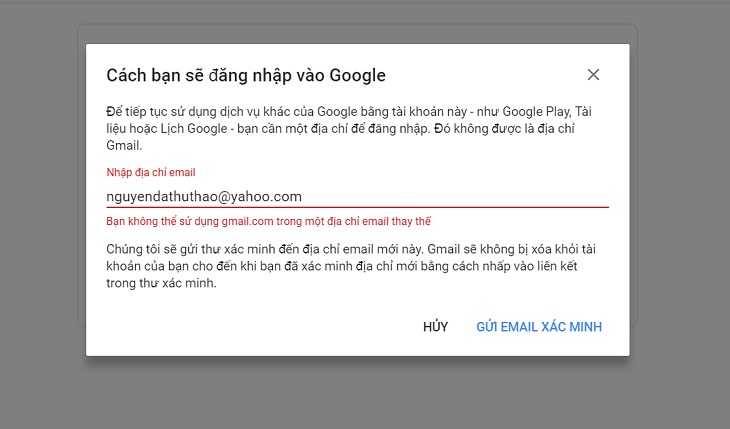 nhập địa chỉ email xác minh