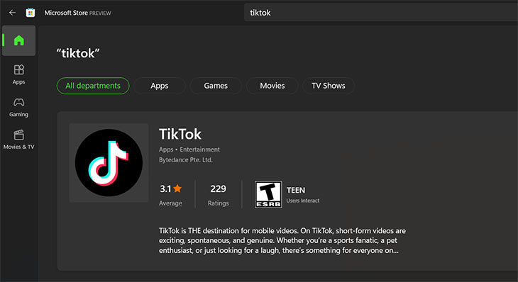 Tìm kiếm ứng dụng TikTok trong Microsoft Store