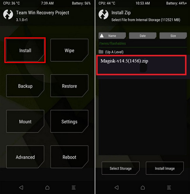 chọn Install và tìm đến tệp Magisk-v14.5 (1456) .zip
