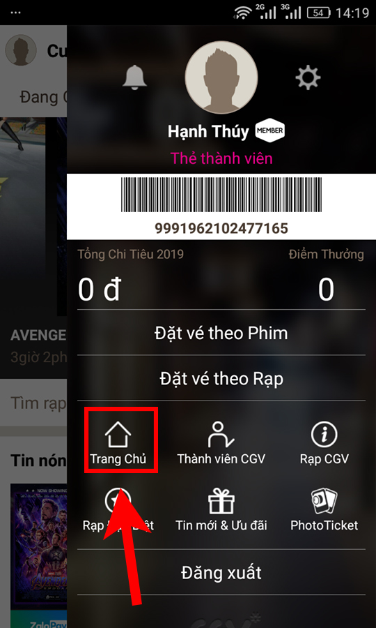 Hướng dẫn đặt vé xem phim CGV trên điện thoại > Chọn Trang chủ đề trở về giao diện chính