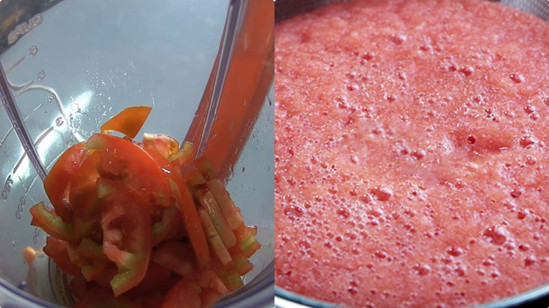 Cho phần cà chua đã cắt vào máy xay sinh tố, xay đến khi cà chua nhuyễn mịn là được.