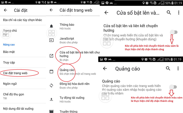 kích hoạt chức năng pop up và ads