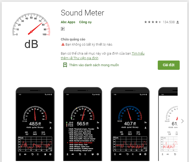 App Sound Meter dùng để đo tiếng ồn trên Google Play