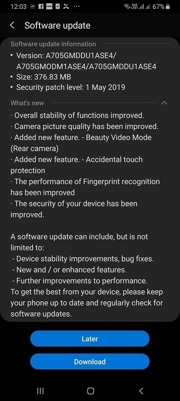 Bản cập nhật tháng 5 cho Galaxy A70 cải thiện chất lượng camera và cảm biến vân tay