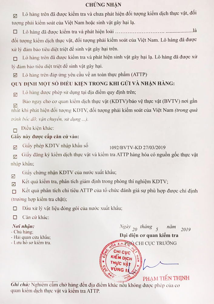 Chứng nhận nhập khẩu của táo Gala