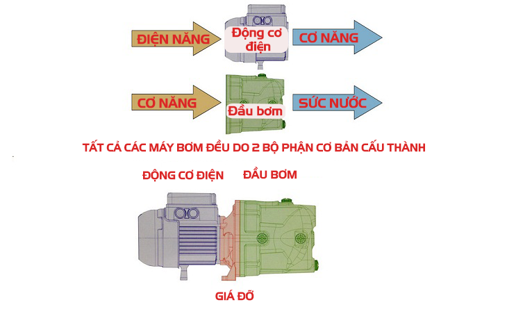 Máy bơm nước là gì? Nguyên lý hoạt động và chức năng của máy bơm nước? > Cấu tạo máy bơm nước