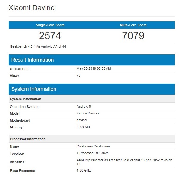 Redmi K20 lộ điểm sức mạnh trên Geekbench, dùng chip Snapdragon 730, RAM 6 GB