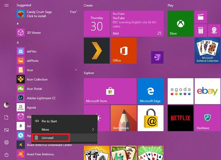 Gỡ bỏ phần mềm trên Windows 10 từ thanh menu Start
