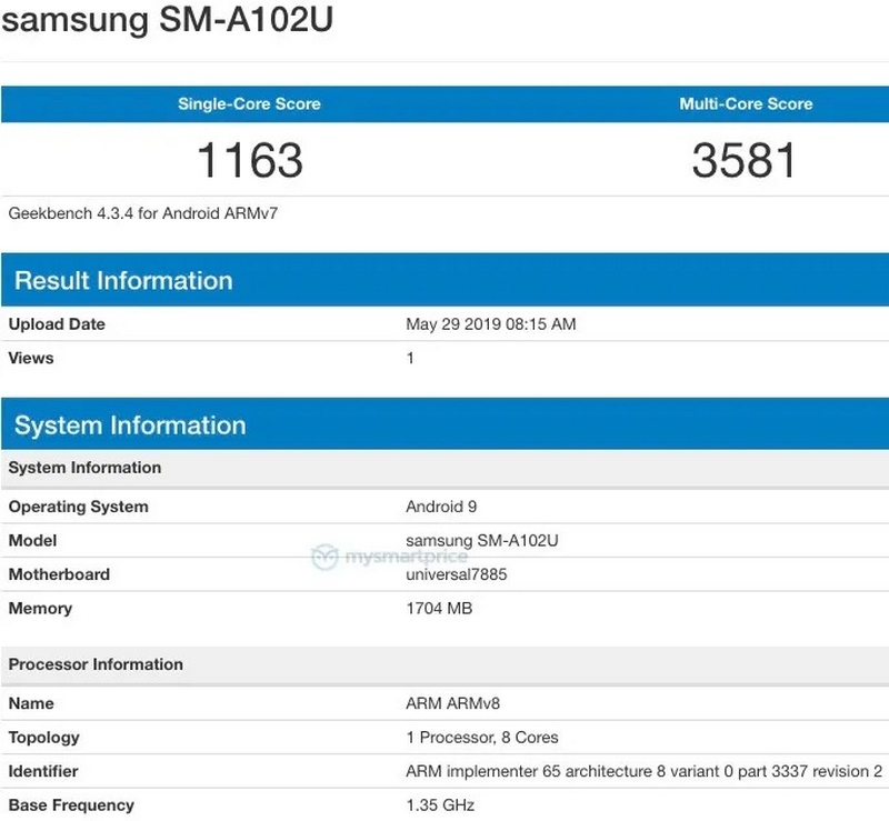 Galaxy A10e lộ cấu hình trên Geekbench: Chip Exynos 7884, RAM 2 GB