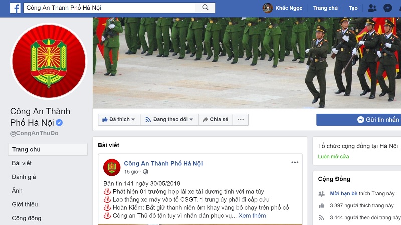 Giao diện Facebook của Công an TP Hà Nội.