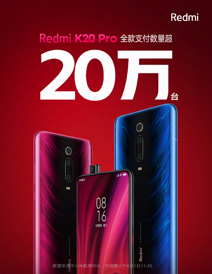 Thông tin 200.000 chiếc Redmi K20 Pro hết sạch trong ngày mở bán đầu tiên được đăng tải trên Weibo của Redmi