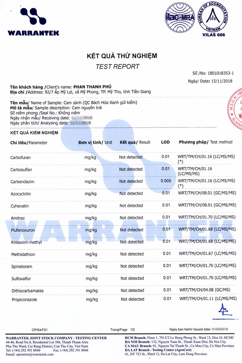 Chứng nhận đạt chuẩn an toàn thực phẩm của cam sành
