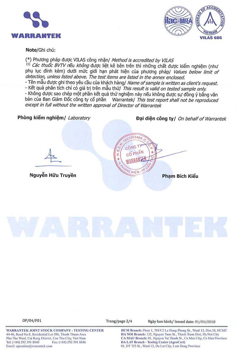 Chứng nhận đạt chuẩn an toàn thực phẩm của cam sành