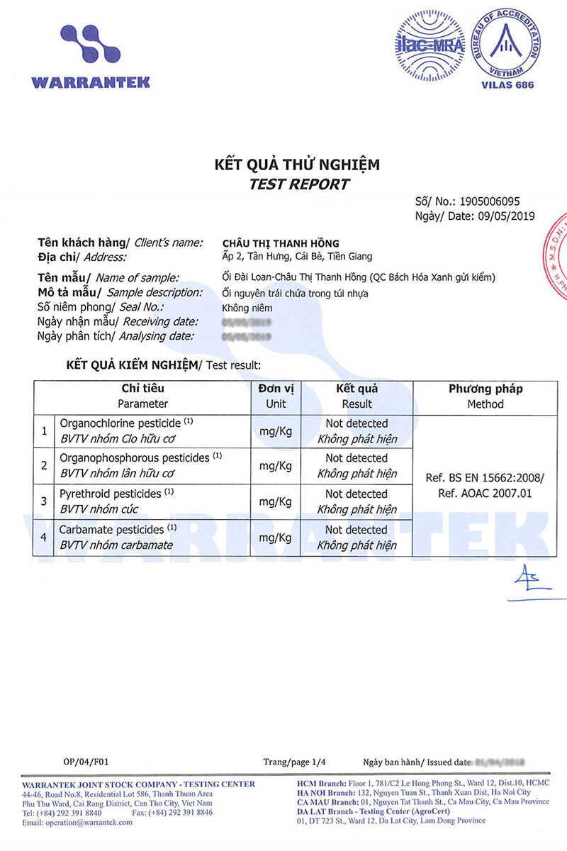 Chứng nhận đạt chuẩn an toàn thực phẩm của ổi