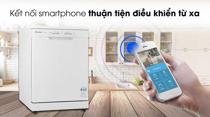 Máy rửa chén độc lập có sấy Candy CDPN 1L390PW được tích hợp công nghệ Smart touch giúp kết nối máy rửa chén với điện thoại dễ dàng