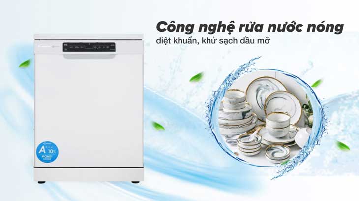Máy rửa chén âm tủ Candy CDPN 4D620PW/E có khả năng diệt khuẩn, loại bỏ hoàn toàn vết dầu mỡ nhờ công nghệ rửa nước nóng