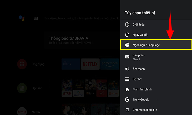 Chọn mục Ngôn ngữ